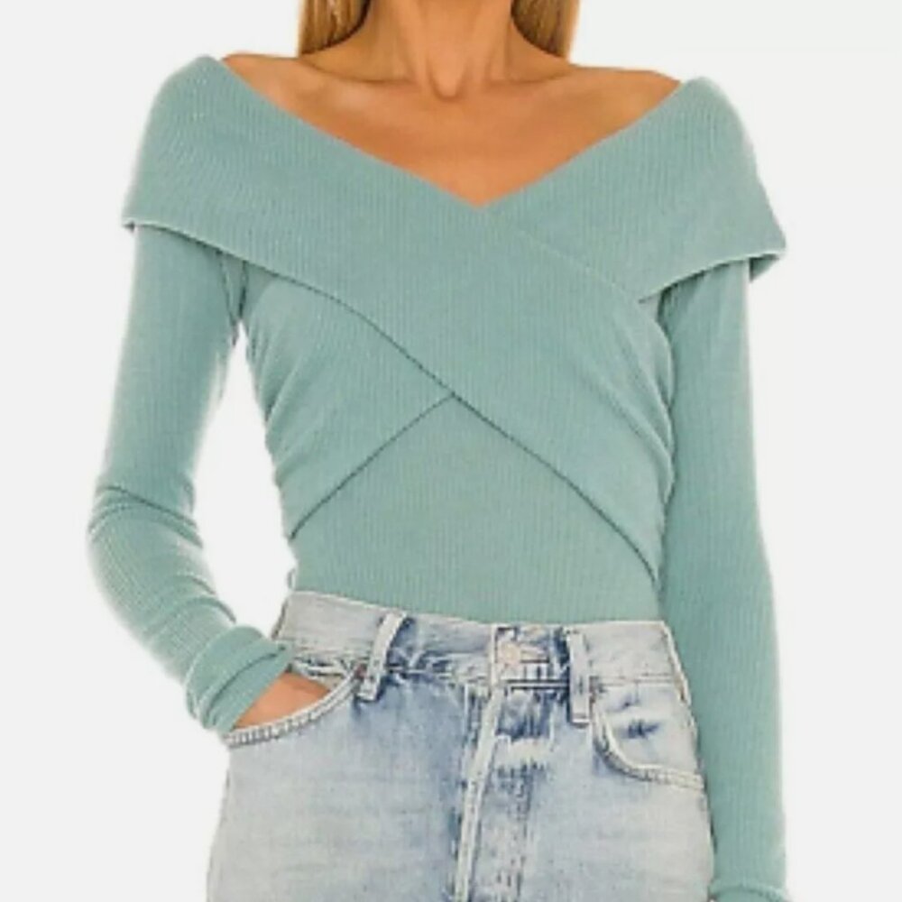 Free People Marley Sweater in Juniper Berry Ribbed Off-Shoulder Crisscross XS
